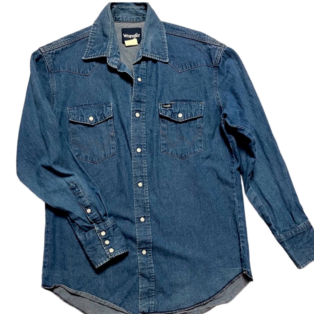 Vintage WRANGLER Denim Western Cowboy Shirt Pearl Snap Men’s Size Medium